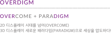 OVERDIGM : OVERCOME + PARADIGM 2D 디스플레이 시대를 넘어(overcome) 3D 디스플레이 새로운 패러다임(paradigm)으로 세상을 압도하다! 