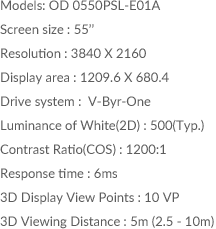 Models: OD 0550PSL-E01A / Screen size : 55inch / Resolution : 3840 X 2160 / Display area : 1209.6 X 680.4 / Drive system :  V-Byr-One / Luminance of White(2D) : 500(Typ.) / Contrast Ratio(COS) : 1200:1 / Response time : 6ms / 3D Display View Points : 10 VP / 3D Viewing Distance : 5m (2.5 - 10m)