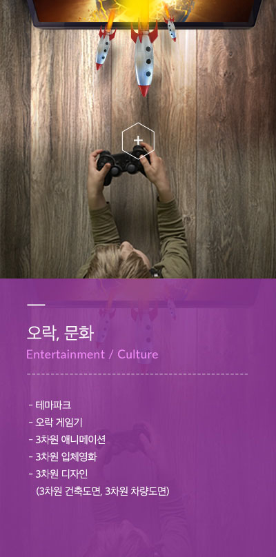 오락, 문화(Entertainment / Culture) - 테마파크 - 오락 게임기 - 3차원 애니메이션 - 3차원 입체영화 - 3차원 디자인(3차원 건축도면, 3차원 차량도면)