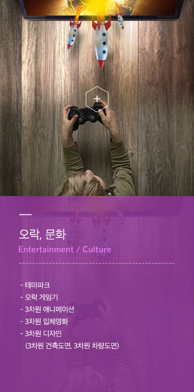 오락, 문화(Entertainment / Culture) - 테마파크 - 오락 게임기 - 3차원 애니메이션 - 3차원 입체영화 - 3차원 디자인(3차원 건축도면, 3차원 차량도면)